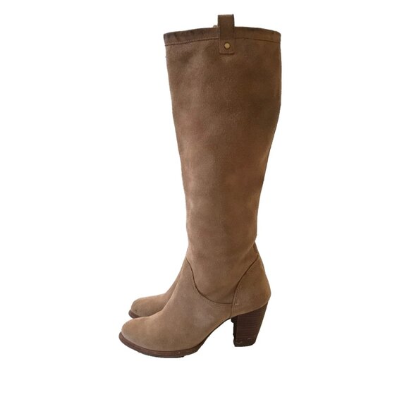 UGG Ava Knee High Tall Suede Boots Womens 6.5 Brown Tan Block Heels Leather Zip - Picture 9 of 16